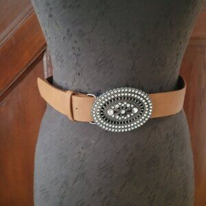 Brown Leather Belt With Rhinestone Embellished Oval Buckle